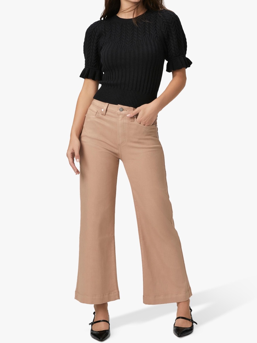 PAIGE Anessa Coated Wide Leg Jeans French Latte Tan Size 30 High Rise Crop